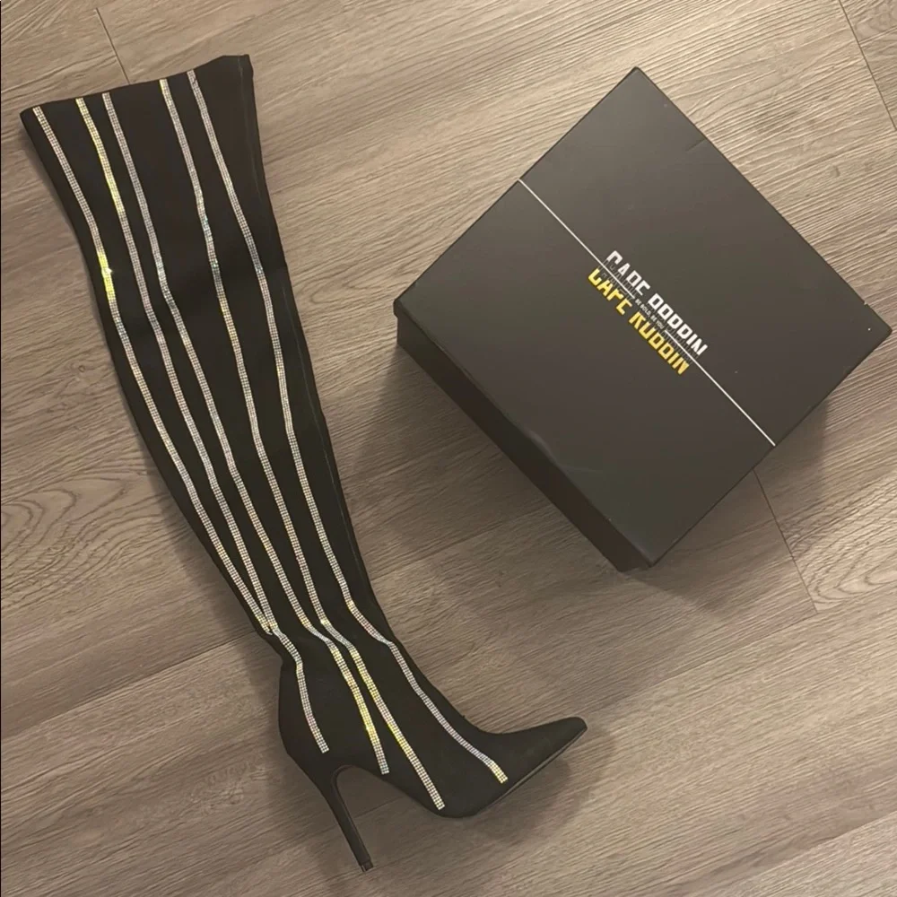 Cape Robbin🔥Black Stiletto Heel Rhinestone Striped Thigh Denim Boots for Women